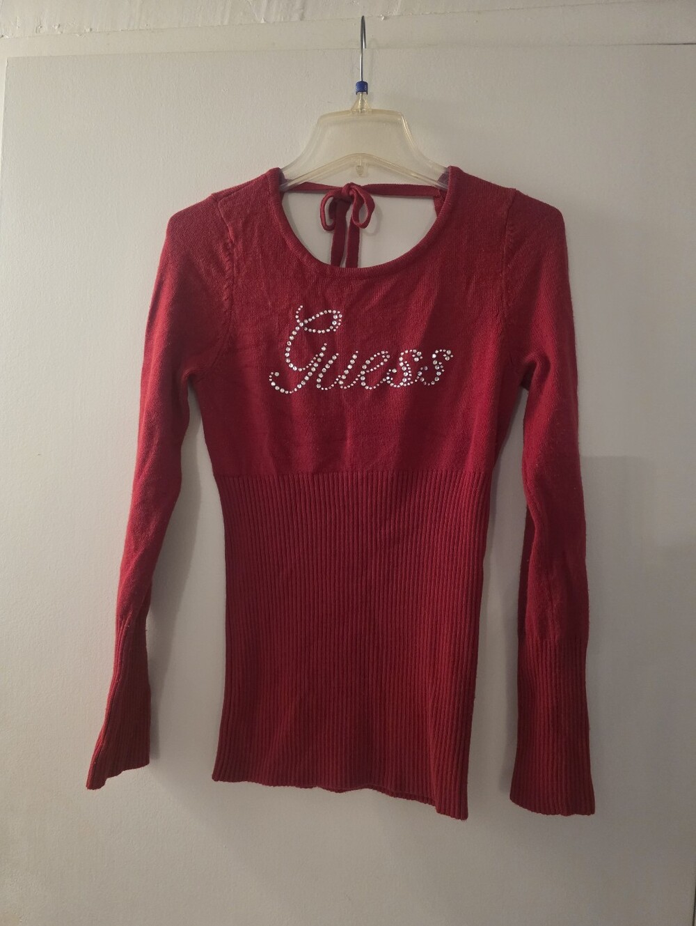Guess Red Rhinestone Logo Tie-Back Scoop Neck Sweater